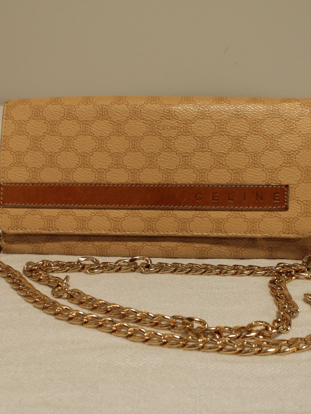 Celine Beige Tan Monogram Chain Clutch